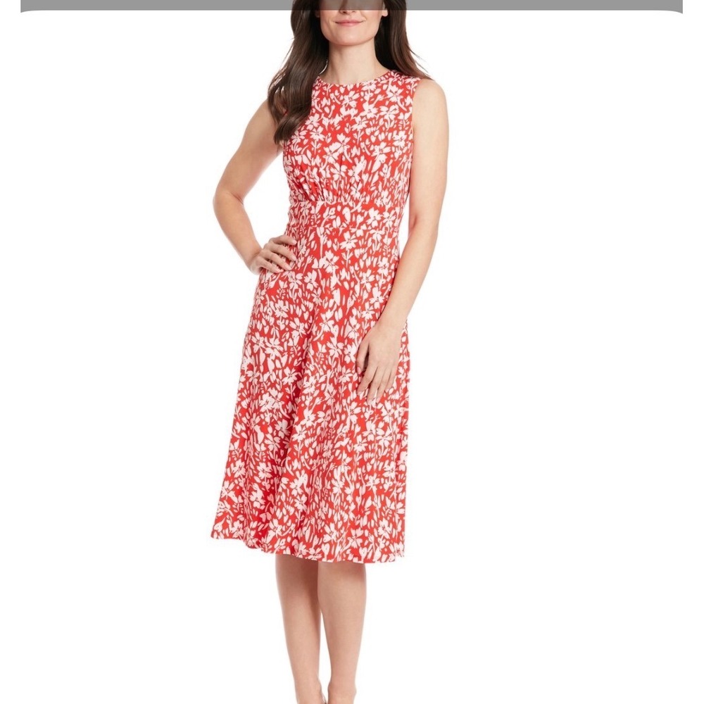 London Times Red White Floral Sleeveless Midi Dress T7188M Womens Size 8 NWT